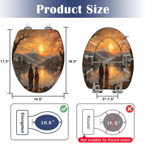 Elongated Mount Sunset Landscape Cherry Blossoms Traditional Toilet Seat size guide with measurements and dimensions.
