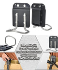 Badass Heavy Duty Tool Hooks For Power Drills And Tape Measures With Zero Hassle Job Site Setup Using Rock Solid Reinforced Nylon And Stainless Steel Making It An Absolute Game Changer For Contractors, showcasing low-profile tool clips on a tool belt.