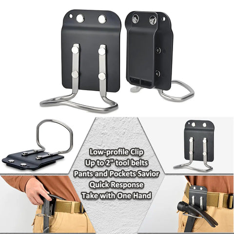 Badass Heavy Duty Tool Hooks For Power Drills And Tape Measures With Zero Hassle Job Site Setup Using Rock Solid Reinforced Nylon And Stainless Steel Making It An Absolute Game Changer For Contractors, showcasing low-profile tool clips on a tool belt.
