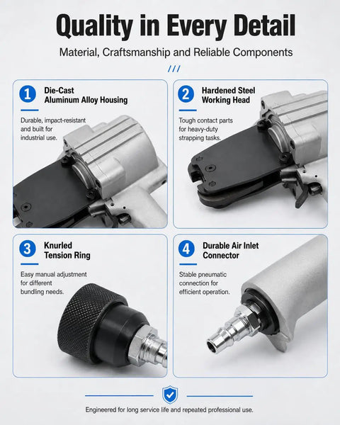 Top-Tier Pneumatic Steel Strapping Machine Heavy Duty Split Tensioner With Cutter And Sealer showing die-cast aluminum housing and hardened steel working head.