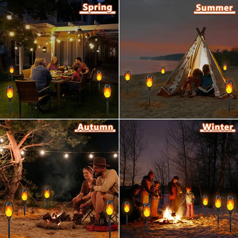 8 Pack Outdoor Solar Torch Lights With Realistic Flickering Flame illuminating various seasonal outdoor gatherings.