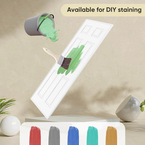 Paintbrush applying green paint to white pre-assembled closet door surrounded by paint swatches, indicating DIY staining options.