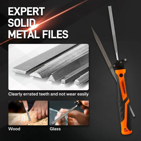 12-Piece Metal Needle File Set With 3 Quick Change Blades and 4 Filing Shapes for Metal and Ceramic, ideal for DIY projects.