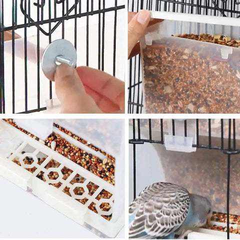 Zero Mess Parrot Automatic Feeder For Budgerigars And Canaries With Screw Fixed Cage Mount, seed dispenser with attached perch.