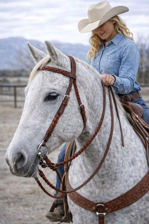 Woman riding horse with Western Full-Grain Leather Horse Headstall Bridle With Reins, Braided Oiled Tan on trail.