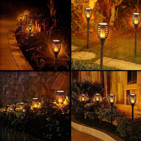 Low Voltage 12V Outdoor Torch Lights Set With Wired LED Flame Torches, IP65 Waterproof Landscape Pathway Lamps installed in garden