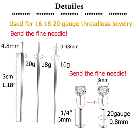 Threadless Piercing Tapers Set Go To For Changing And Insertion Tools 16G 18G 20G Titanium Threadless Insertion Pins
