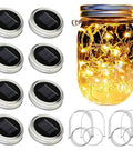 8 Pack Solar Mason Jar Lid Lights With 20 LED, Waterproof Fairy String Lights, Hangers Included, Warm White Outdoor Decor For Patio Yard Garden And Weddings