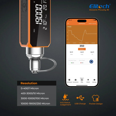 Front view: Elitech VGW-Mini vacuum gauge with adaptor, orange/black, 0–19000 micron, 1/4in SAE thread, app.