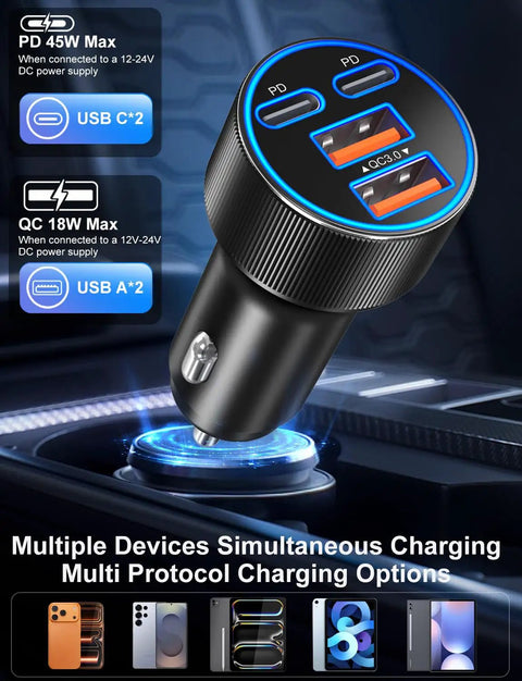 Beast Mode Ninety Watt Usb C Car Charger With Four Quick Charge Ports For Seamless IPhone Plus Samsung Galaxy Boost On Any Journey With Pd Pps Fly Wire Tech, featuring dual USB-C and USB-A charging ports.