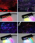 6-Hole RGB Fiber Optic Headliner Starlight Kit with APP Control, showcasing starry ceiling effect and color-chasing lights.