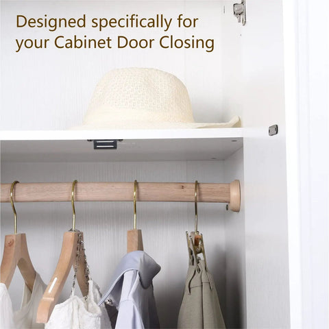 30lb Magnetic Cabinet Door Catch Set Black Heavy Duty Drawer Latch Magnets mounted to a white wardrobe for secure closure