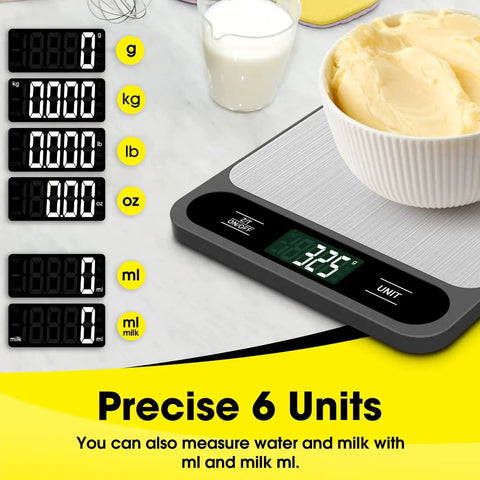 Digital Kitchen Scale 10kg 22lb With Tare And 1g Resolution, Six Units Including G Kg Lb Oz Ml Milk Ml with tare and bowl