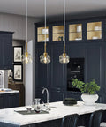Mini Crystal Gold Pendant Lights 3 Pack for Kitchen Island Modern Adjustable Chandeliers over marble countertop