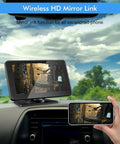 7 Inch Portable Wireless CarPlay Screen For Your Ride on dashboard with mirror link to smartphone, showcasing touchscreen and GPS feature.
