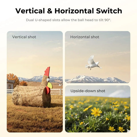 Vertical, horizontal, and upside-down shots demonstrating Ultra Light 60 Inch Carbon Fiber Travel Tripod For Cameras flexibility.