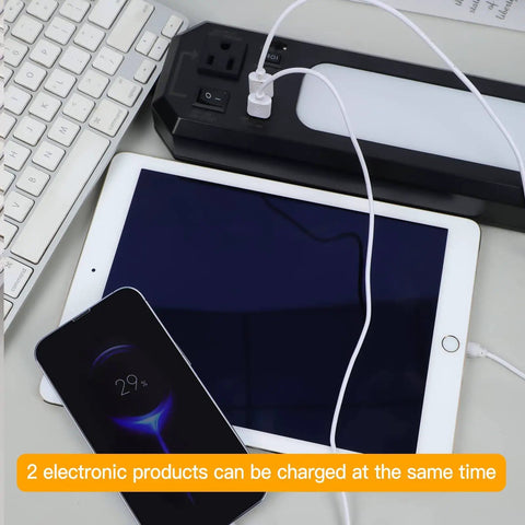 18 Inch Plug In Under Cabinet Lighting With 1000 Lumen LED 5 Foot Cord Dual USB Ports 120V 3 Prong Outlet And 3000K 4000K 5000K High Low Switch For Garage Workbench Kitchen showing dual USB ports charging tablet and smartphone
