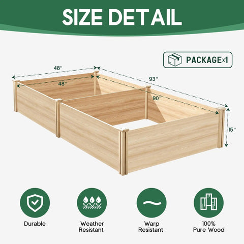 Wood Raised Garden Bed 8x4 Ft With 15 Inch Depth Open Base Planter showing dimensions and durability features.