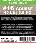 Label of Extra Coarse Crushed Glass Abrasive For Blasting Cabinets And Guns, 19 Lb 8.6 Kg Pack, Mesh 16, 1854 To 940 Microns