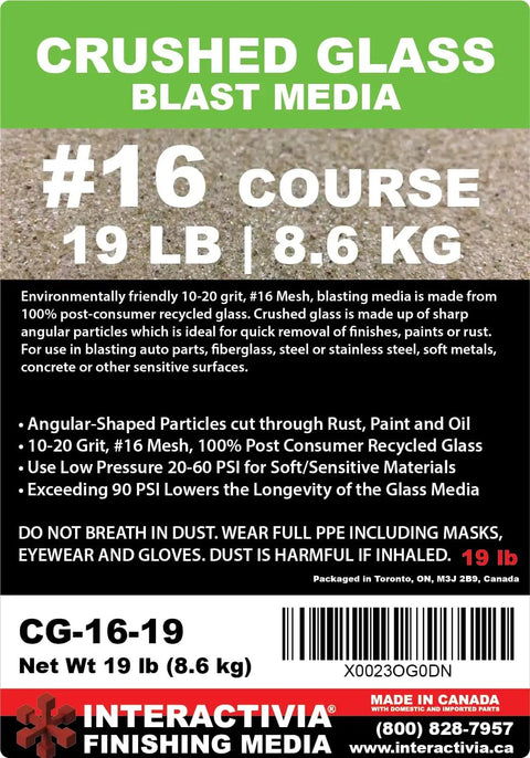 Label of Extra Coarse Crushed Glass Abrasive For Blasting Cabinets And Guns, 19 Lb 8.6 Kg Pack, Mesh 16, 1854 To 940 Microns