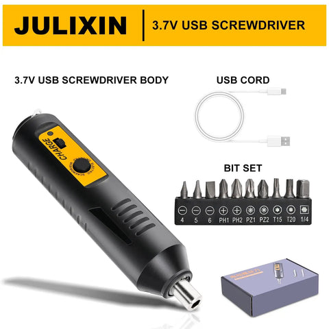 Cordless Screwdriver Rechargeable Compact Electric Screwdriver with Type-C Charging, magnetic bit set, 12 bits, and storage box.
