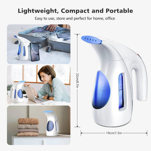 Powerful 700W Portable Handheld Clothes Steamer With 240ml Tank And Brush, Quick Wrinkle Remover shown in home and office use