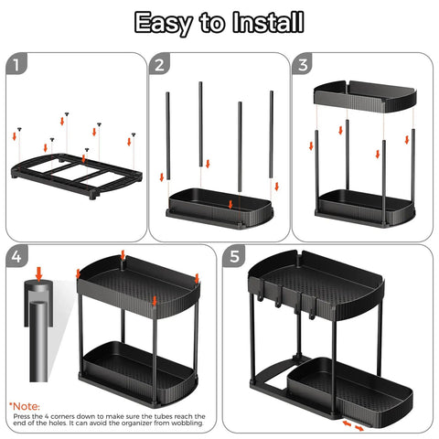 Easy installation steps for Heavy Duty Sliding Under Sink Organizers 2 Pack Black, showcasing assembly of pull out cabinet drawers.