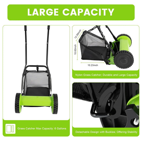 Manual Push Reel Lawn Mower With 12 Inch Cutting Width And 5 Blade System, Walk Behind Garden Mower With Adjustable Height, No Gas No Fumes Eco Friendly Quiet Yard Care For Small Lawns, nylon grass catcher
