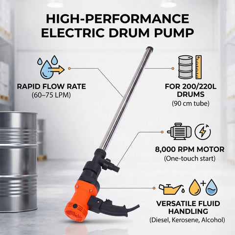 Garosa Handheld Electric Drum Pump With 35 Inch Stainless Steel Tube For Quick Fuel Transfer. Perfect For Moving Kerosene, Water, Or Diesel From Standard Fifty Five Gallon Barrels. Compact, Portable Gear Pump Design That Works Great In Your Garage Or