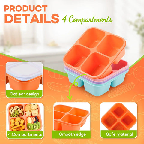 Four Compartment Bento Lunch Box Pack For Meal Prep, stackable BPA-free wheat straw containers, orange and turquoise color options.