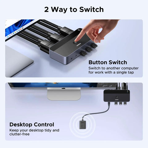 8K 60Hz DisplayPort KVM Switch For Two Monitors And Two Rigs Aluminum Build Plug And Play Share Keyboard Mouse And Four USB 3 0 Devices Extend Or Mirror Modes, button switch