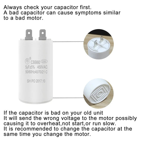 Close-up diagram of a capacitor in HVAC systems alongside warning text about condenser fan motor replacement issues.