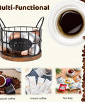 Coffee Pods Holder For Countertop With Wood Base, K Cup Organizer Basket, shown with coffee capsules and tea bags.