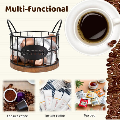 Coffee Pods Holder For Countertop With Wood Base, K Cup Organizer Basket, shown with coffee capsules and tea bags.