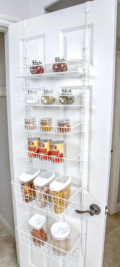 Over The Door Pantry Organizer Rack With Six Adjustable Shelves, Hanging On Door With Jars And Cans, White Steel Unit