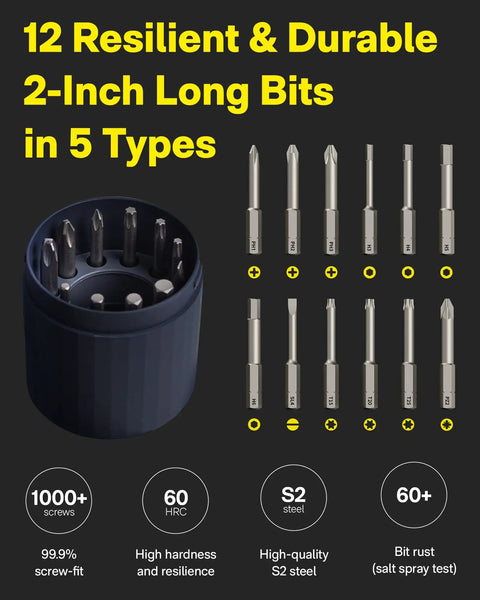Set of 12 long S2 steel bits from Cordless Electric Screwdriver Kit With USB C Charge, shown with various types.