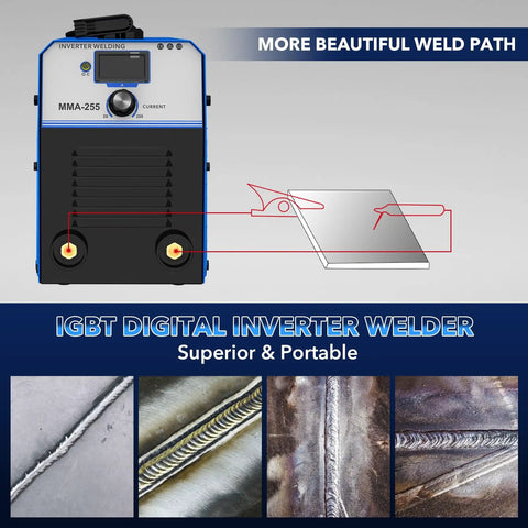 Dual Voltage 110V/220V MMA Welder With IGBT Inverter showcasing welding paths and design features for home DIY and metal fabrication