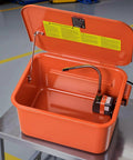 Portable 5 Gallon Steel Parts Washer With Electric Pump, showing open lid and gooseneck sprayer for cleaning parts.