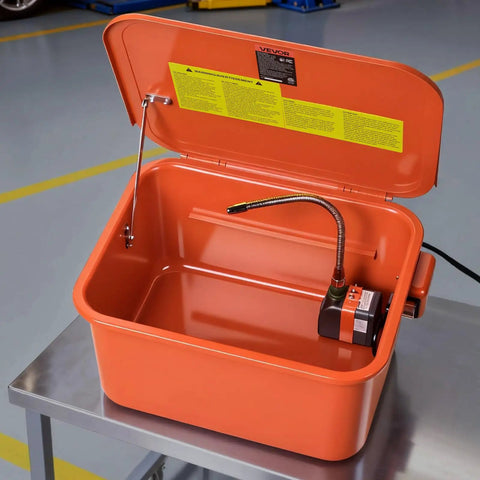Portable 5 Gallon Steel Parts Washer With Electric Pump, showing open lid and gooseneck sprayer for cleaning parts.