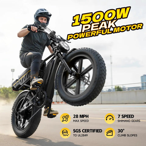Rider performing a wheelie on Beast Mode Fat Tire Electric Bike With 1500W Peak Power, showing 28 MPH top speed capability.