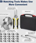 DIY Adjustable Stainless Steel Hose Clamp Kit with 25 Pieces, scissors, storage case, fasteners, and tools displayed.
