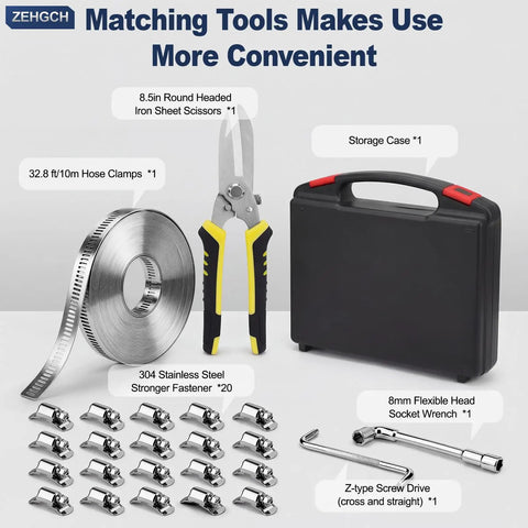 DIY Adjustable Stainless Steel Hose Clamp Kit with 25 Pieces, scissors, storage case, fasteners, and tools displayed.