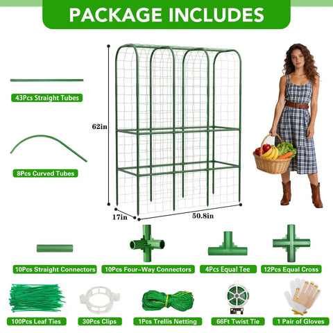 Package contents of 62 Inch Tall Cucumber Trellis For Raised Beds, Outdoor Garden Vine Support, U Shape Metal Arch Trellis For Zucchini