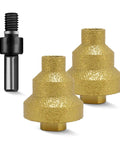 Front view of two gold diamond step drill bits with M10 thread adapter; sizes 20/35/50 mm for tile, stone, concrete.