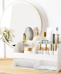 White Acrylic Makeup Organizer With Drawers For Vanity And Bathroom Counter holds your glam haul secure with skincare and cosmetics.