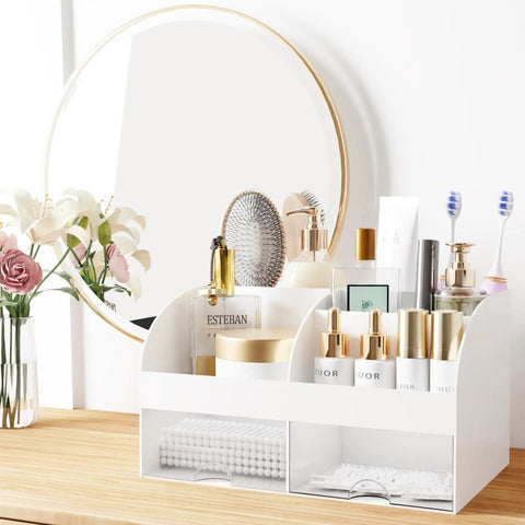 White Acrylic Makeup Organizer With Drawers For Vanity And Bathroom Counter holds your glam haul secure with skincare and cosmetics.