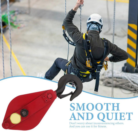 Beefed Up Heavy Duty Lifting Cable Pulley Block For Hauling And Towing Half Ton Capacity Side Opening Design 360 Degree Rotatable Hook Iron Wire Rope Crane Pulley Wheel Smooth Operation And Easy Load Handling, red pulley with worker harness use