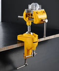 Badass Heavy Duty Cast Steel Bench Vise With Full 360 Swivel Ball Joint And Quick Grip Clamp Mount for workbenches, showing yellow finish.
