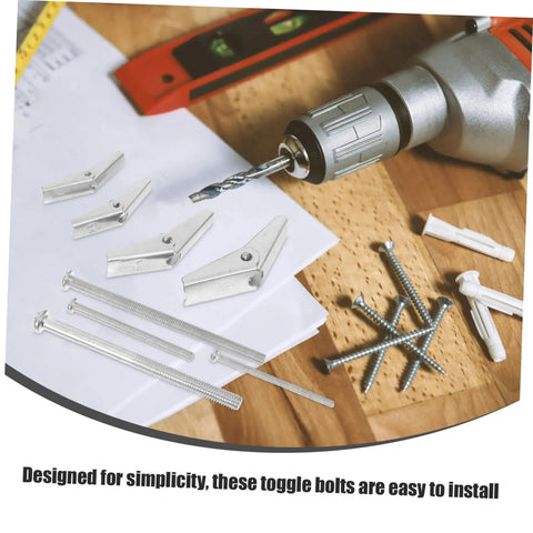 32 Piece Toggle Bolt And Wing Nut Kit For Heavy Duty Drywall Anchors No Fuss Easy Install Fasteners For Hanging Mirrors, Shelves And Furniture, Versatile Iron Construction DIY Kit For Quick, Solid Mounts. Drill bit with toggle bolts, screws, and wall anchors on wood surface