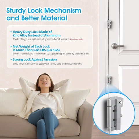Tough As Nails Home Security Door Reinforcement Lock with sturdy zinc alloy design and easy indoor setup for child safety.